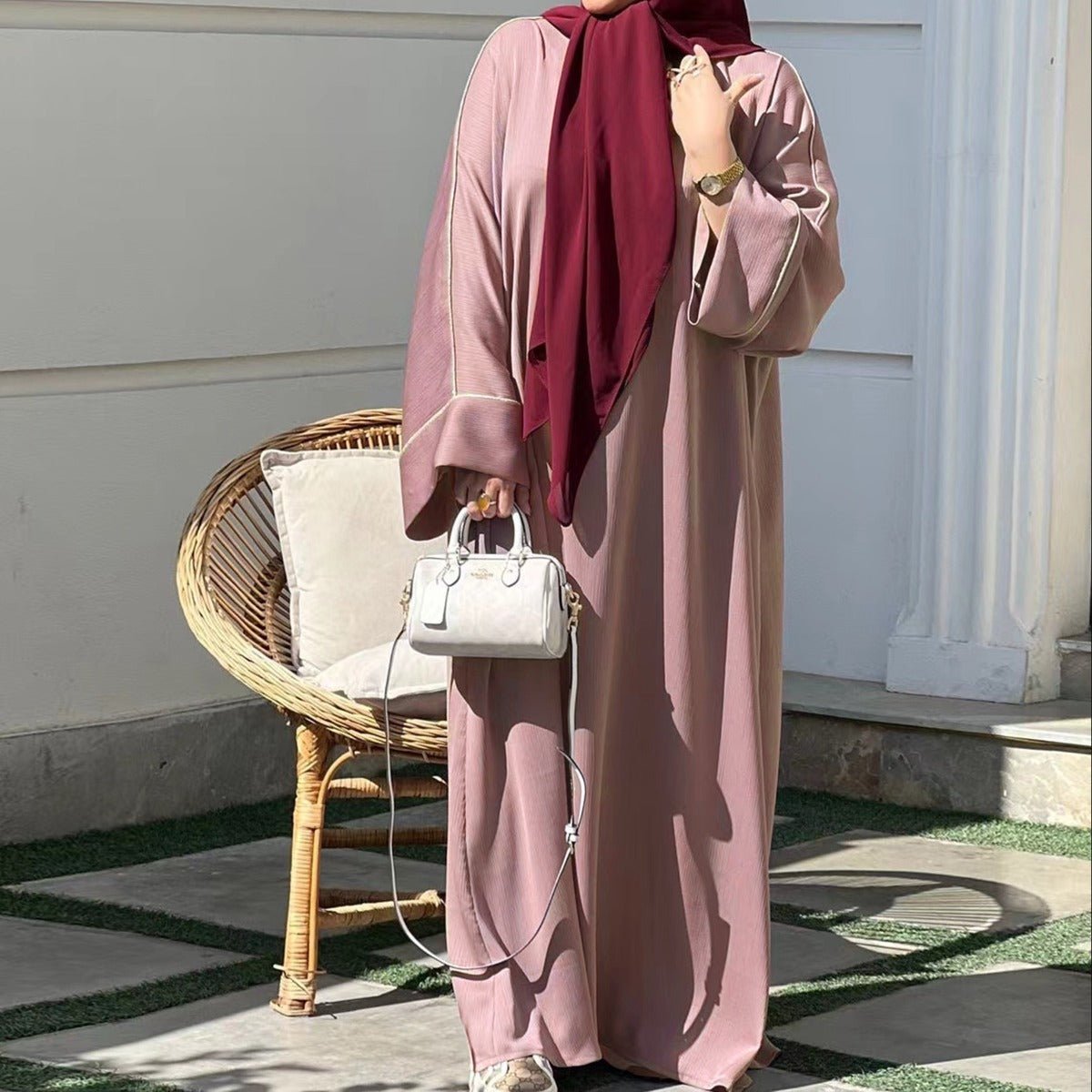 Contrast Colour Trimmed Robe - Modest Casual Dress with Flared Sleeves(MA280) - Mariam's Collection