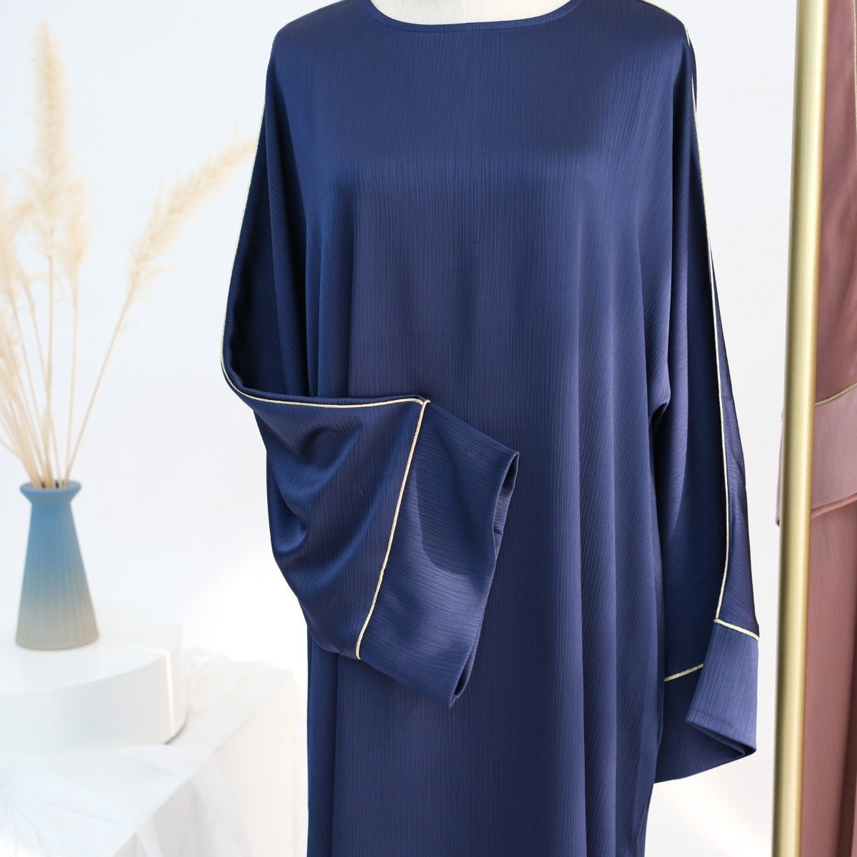 Contrast Colour Trimmed Robe - Modest Casual Dress with Flared Sleeves(MA280) - Mariam's Collection
