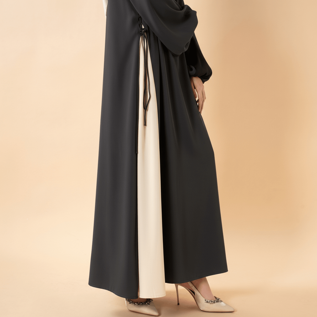 Contrast Panel Abaya with Drawstring Detail & Balloon Sleeves(MA421) - Mariam's Collection