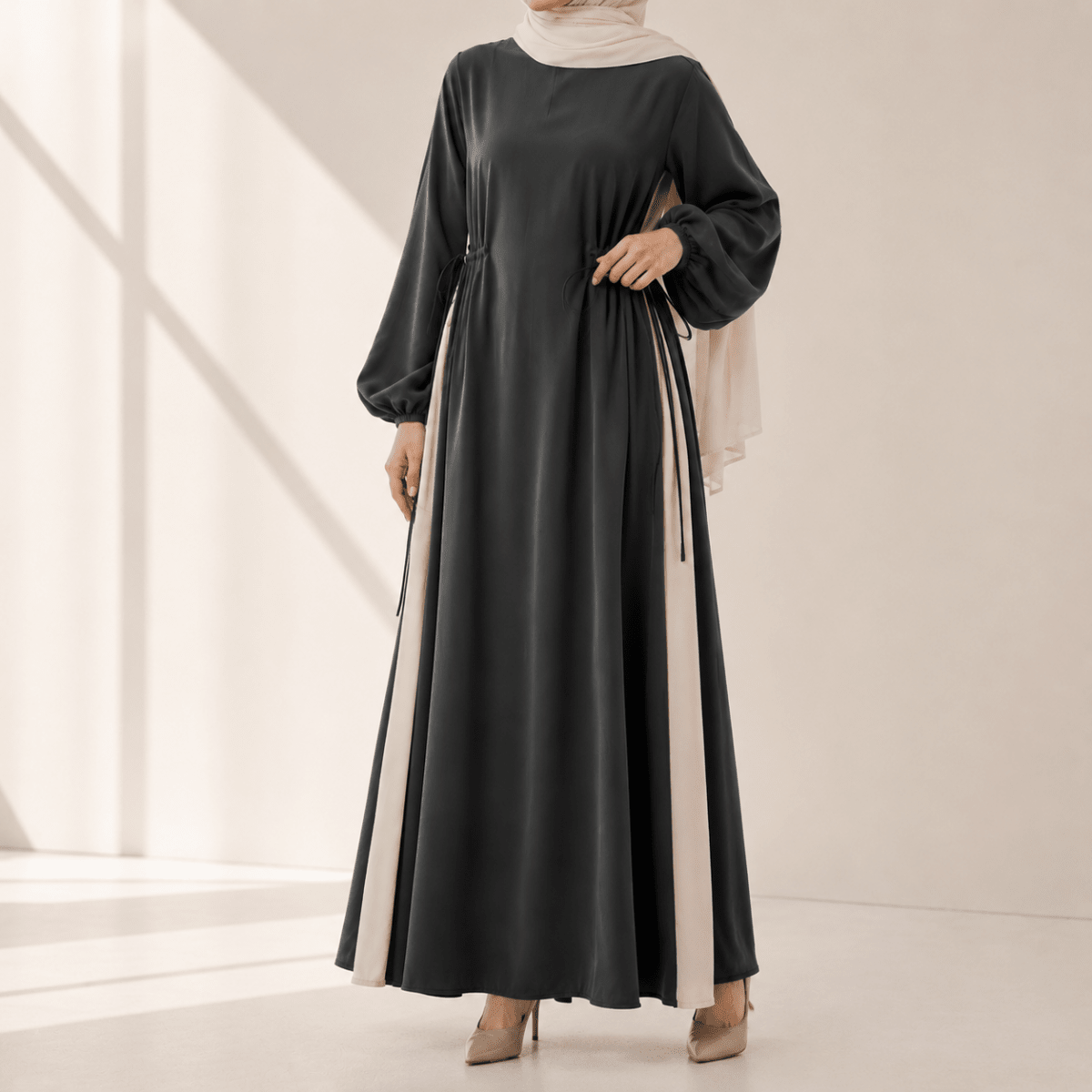 Contrast Panel Abaya with Drawstring Detail & Balloon Sleeves(MA421) - Mariam's Collection