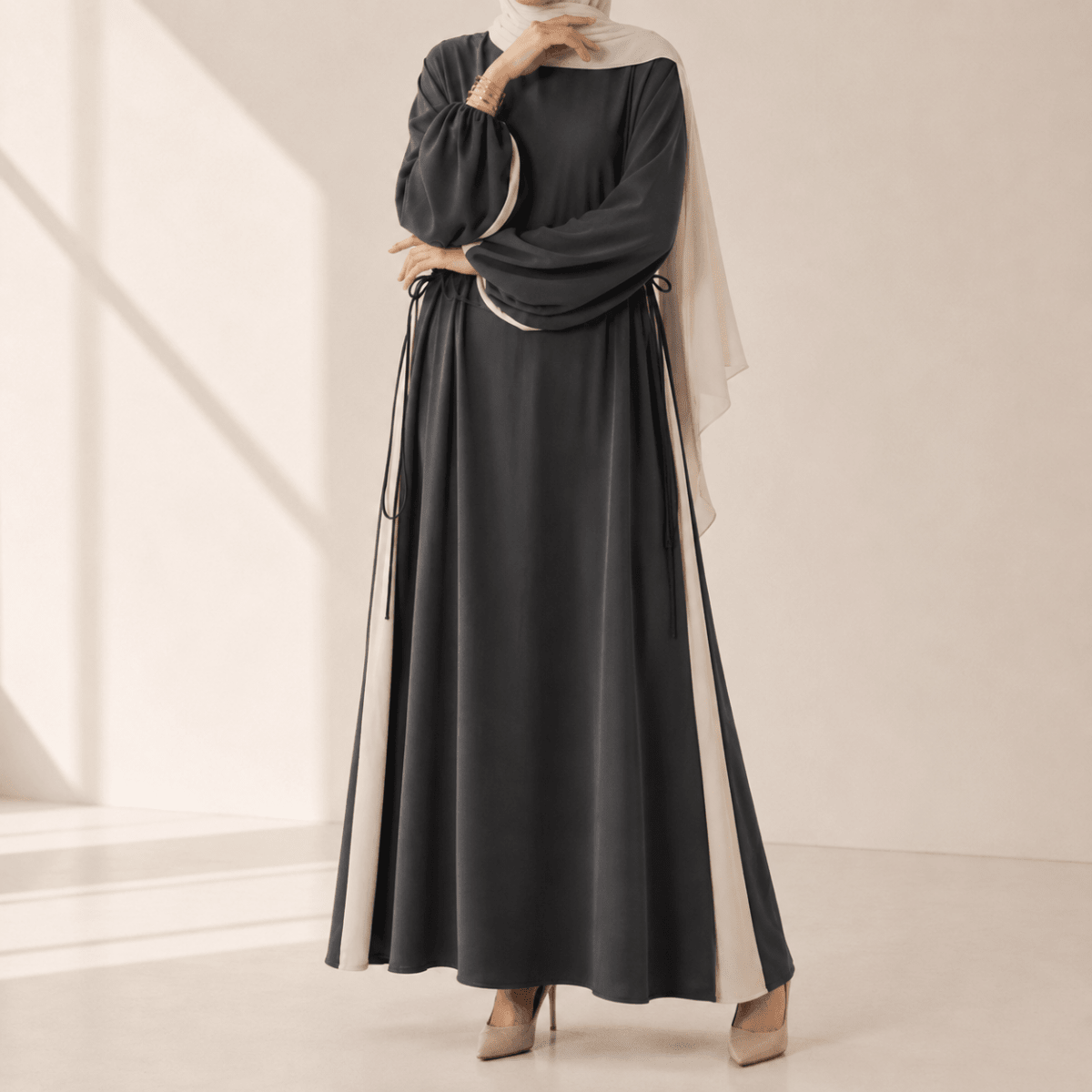 Contrast Panel Abaya with Drawstring Detail & Balloon Sleeves(MA421) - Mariam's Collection