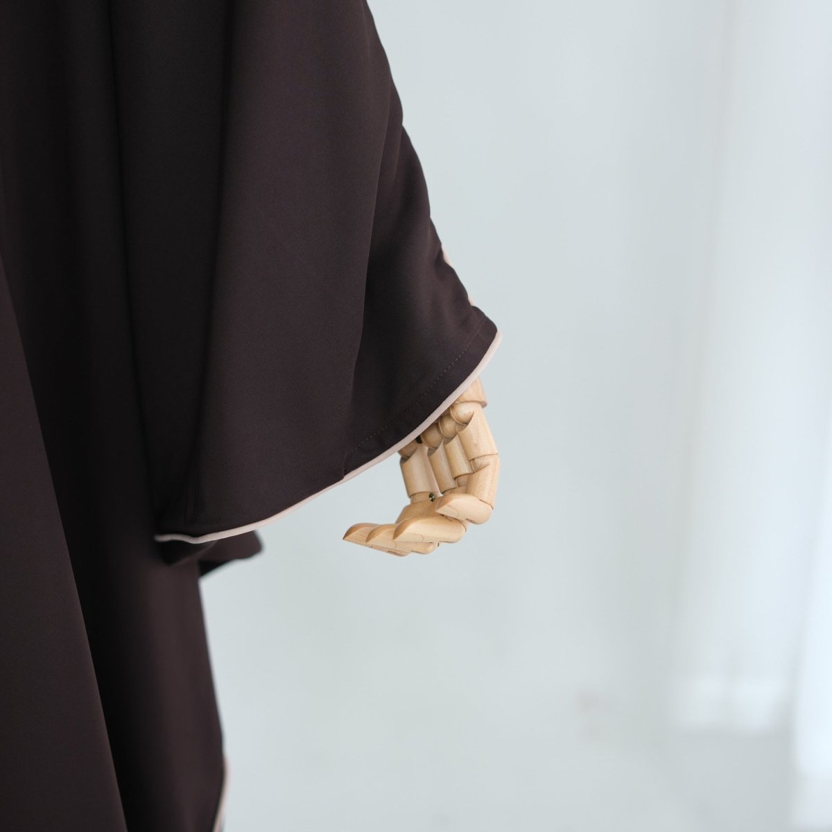 Third colourway of contrast piped nida open abaya full-length view