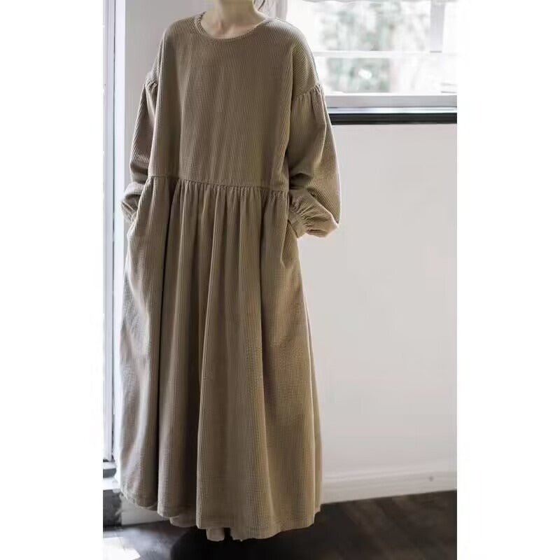 Corduroy Bubble Sleeve Maxi Dress with Pockets | Vintage Soft Corduroy Winter Dress (MS205) - Khaki / M Corduroy Bubble Sleeve Maxi Dress with Pockets | Vintage Soft Corduroy Winter Dress (MS205) - Khaki / M