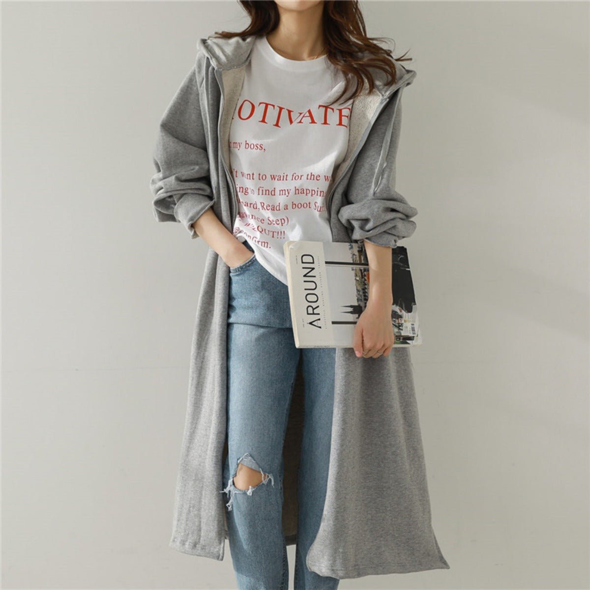 Cotton Fleece Zip Up Hooded Longline Cardigan Coat with Side Slits | Casual Streetwear Jacket(MS109) - Mariam's Collection