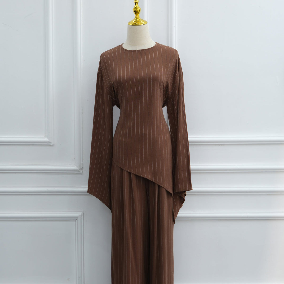 Cotton-Linen-Effect Pinstripe Tunic & Wide-Leg Pants Set(MS594) - Mariam's Collection