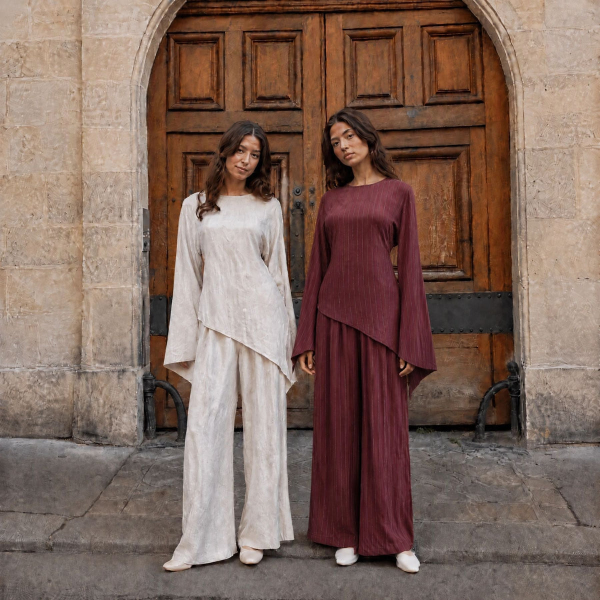 Cotton-Linen-Effect Pinstripe Tunic & Wide-Leg Pants Set(MS594) - Mariam's Collection