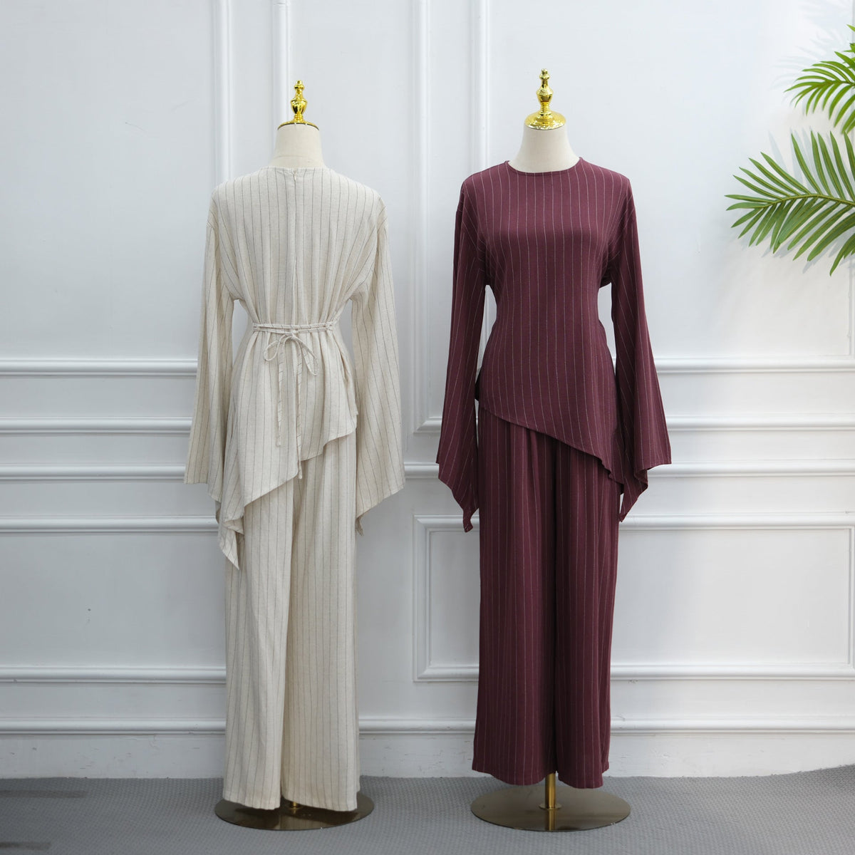 Cotton-Linen-Effect Pinstripe Tunic & Wide-Leg Pants Set(MS594) - Mariam's Collection