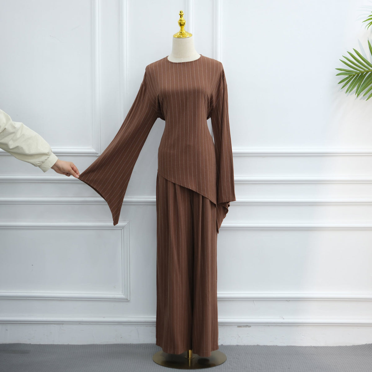 Cotton-Linen-Effect Pinstripe Tunic & Wide-Leg Pants Set(MS594) - Mariam's Collection