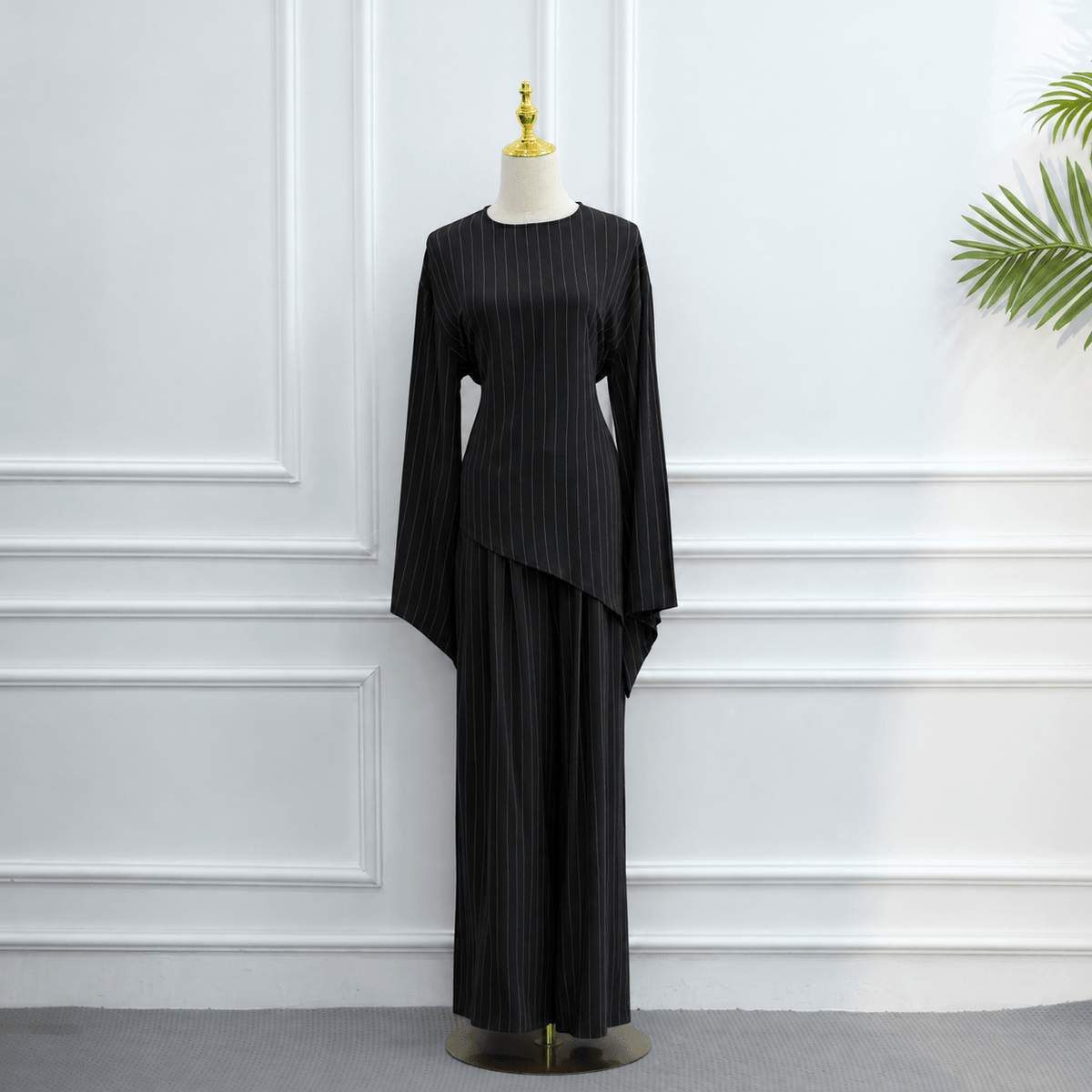 Cotton-Linen-Effect Pinstripe Tunic & Wide-Leg Pants Set(MS594) - Mariam's Collection