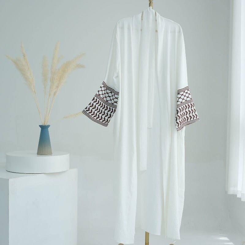 Cotton Linen Embroidered Sleeve Cardigan | Open Front Abaya with Geometric Pattern Sleeves(MOA238) - Mariam's Collection