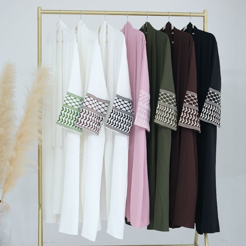 Cotton Linen Embroidered Sleeve Cardigan | Open Front Abaya with Geometric Pattern Sleeves(MOA238) - Mariam's Collection