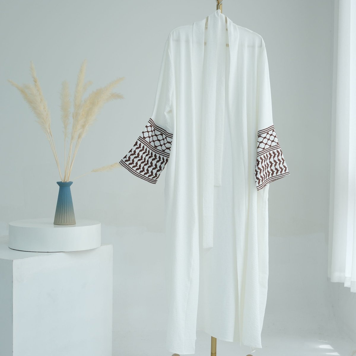 Cotton Linen Embroidered Sleeve Cardigan | Open Front Abaya with Geometric Pattern Sleeves(MOA238) - Mariam's Collection