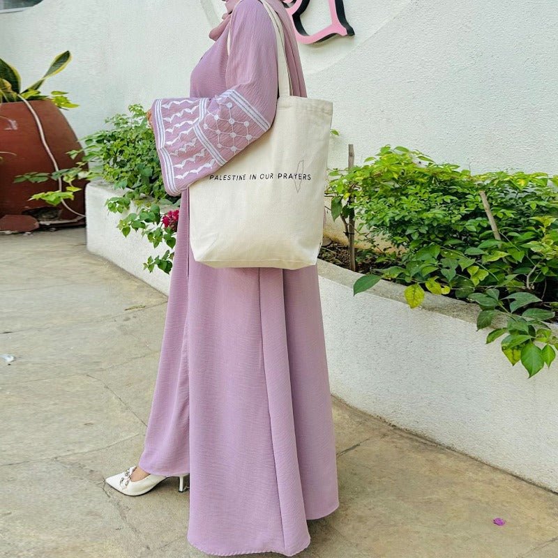 Cotton Linen Embroidered Sleeve Cardigan | Open Front Abaya with Geometric Pattern Sleeves(MOA238) - Mariam's Collection