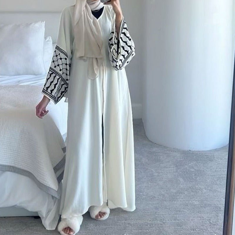 Cotton Linen Embroidered Sleeve Cardigan | Open Front Abaya with Geometric Pattern Sleeves(MOA238) - Mariam's Collection