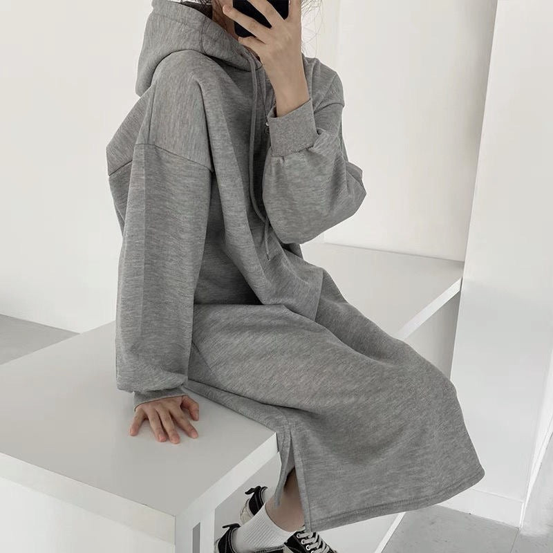 Cozy Hooded Pullover Maxi Dress | Mid - Length Fleece Lined Dress with Side Slits(MS137) - Mariam's Collection