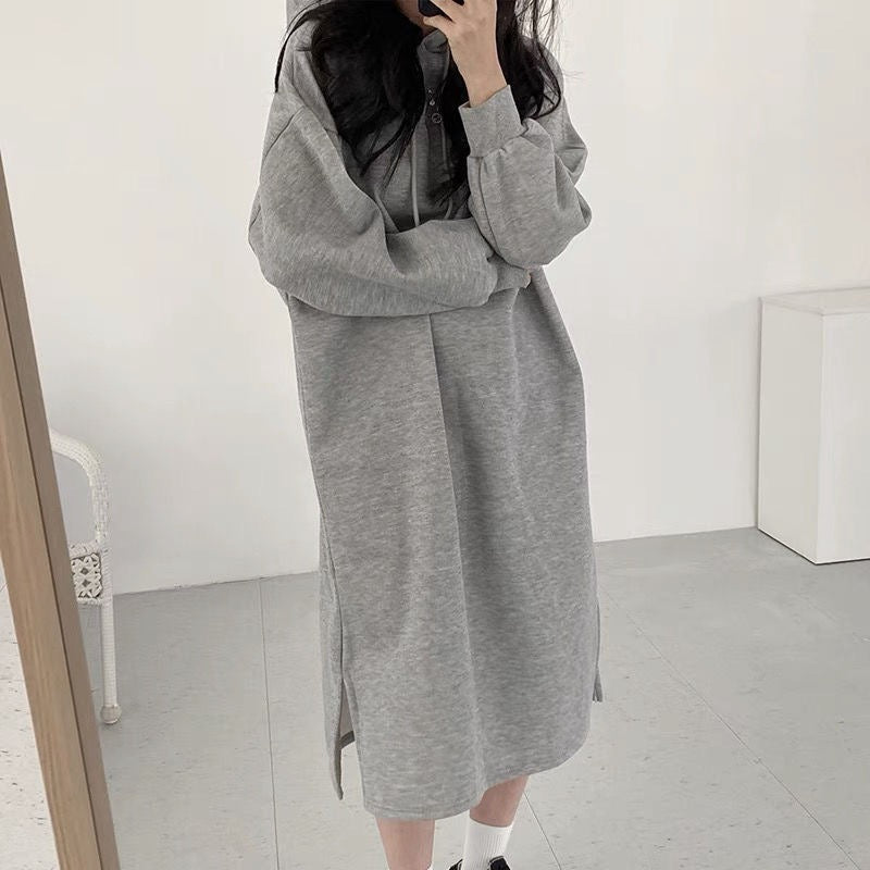 Cozy Hooded Pullover Maxi Dress | Mid - Length Fleece Lined Dress with Side Slits(MS137) - Mariam's Collection