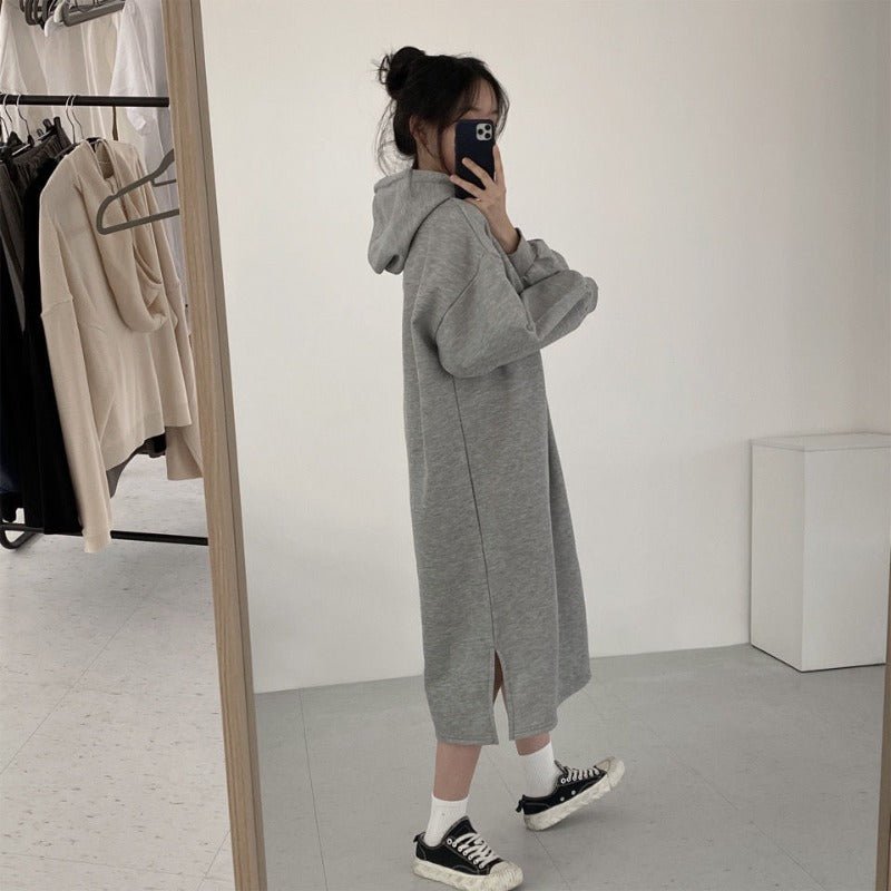 Cozy Hooded Pullover Maxi Dress | Mid - Length Fleece Lined Dress with Side Slits(MS137) - Mariam's Collection