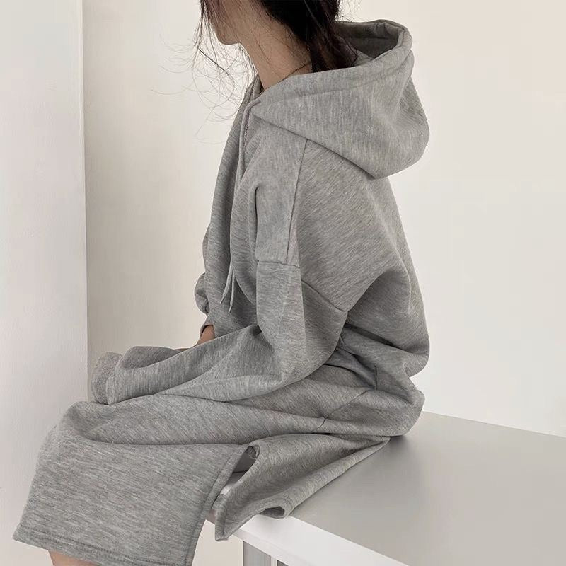 Cozy Hooded Pullover Maxi Dress | Mid - Length Fleece Lined Dress with Side Slits(MS137) - Mariam's Collection