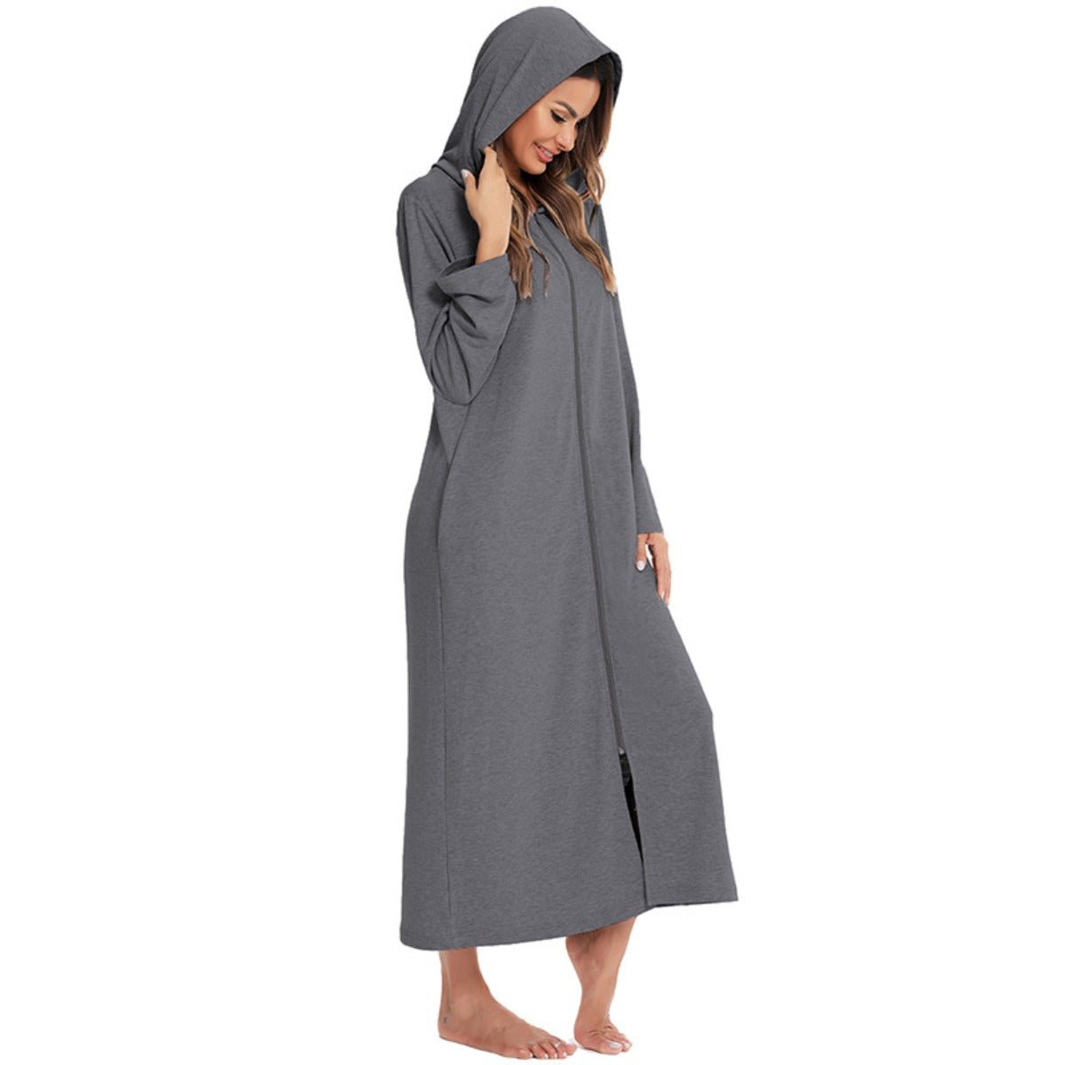 Cozy Longline Zip - Up Cardigan with Pockets | Home Wear Comfort(MS110) - Mariam's Collection