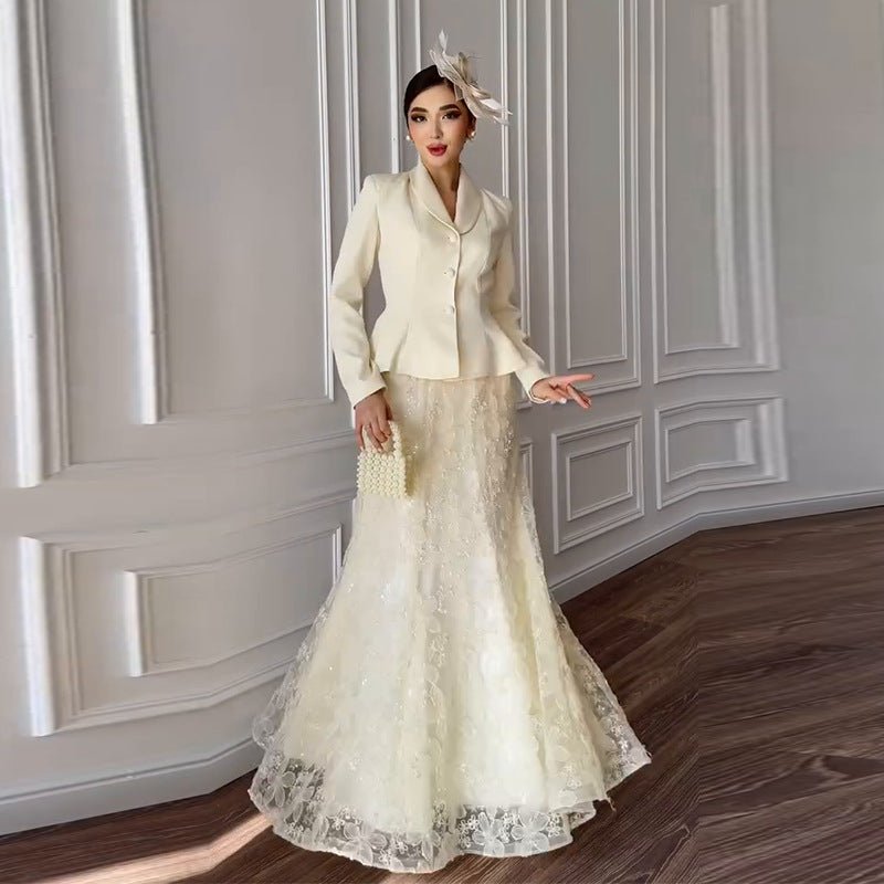 Cream Peplum Jacket & Lace Skirt Set(MS284) - Mariam's Collection