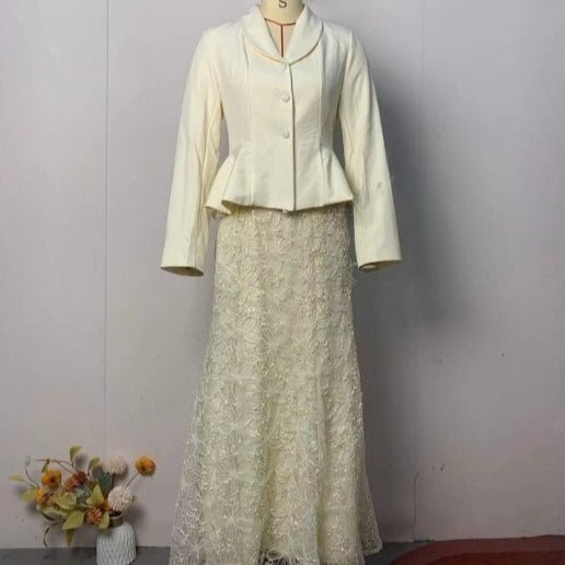 Cream Peplum Jacket & Lace Skirt Set(MS284) - Mariam's Collection