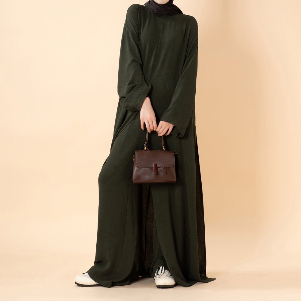 Crepe Multi-Slit Abaya Set | Wide-Leg Pants with Pockets (MA436) - Mariam's Collection