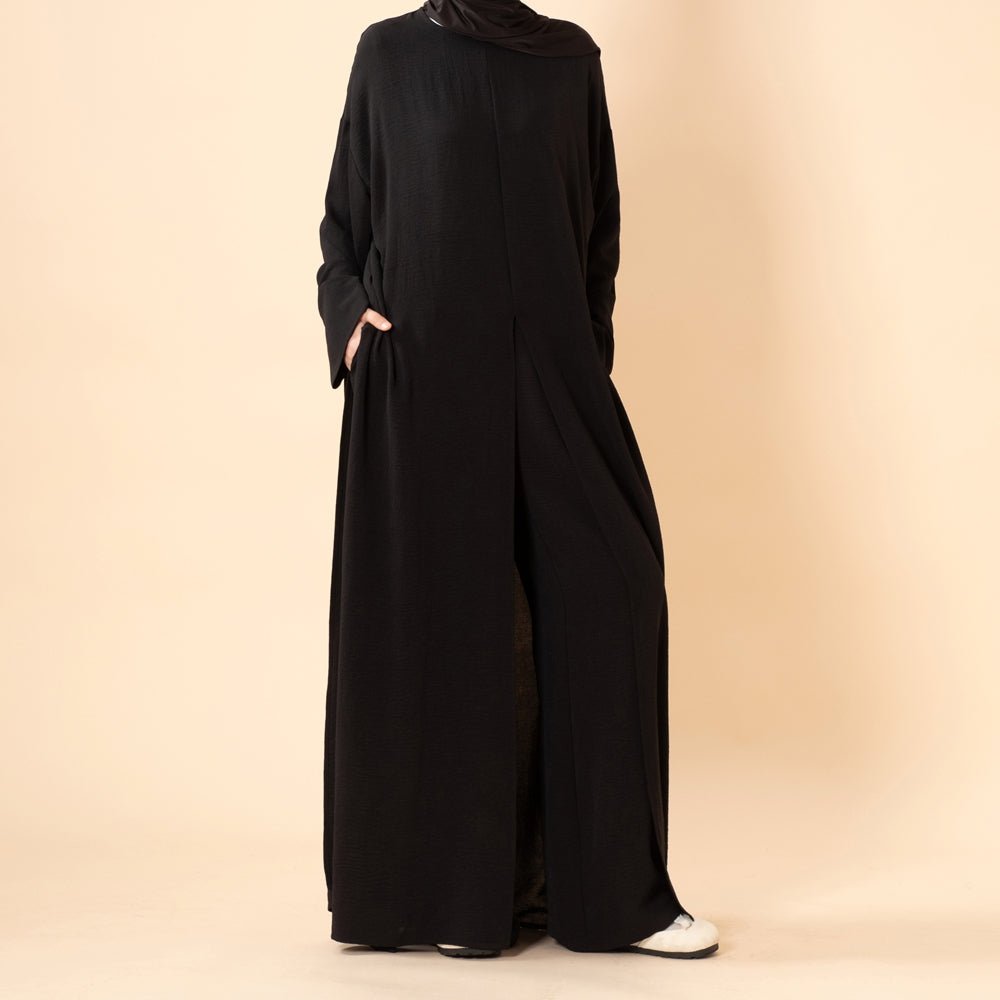 Crepe Multi-Slit Abaya Set | Wide-Leg Pants with Pockets (MA436) - Mariam's Collection