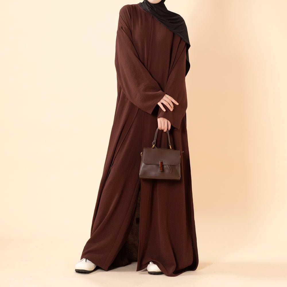 Crepe Multi-Slit Abaya Set | Wide-Leg Pants with Pockets (MA436) - Mariam's Collection