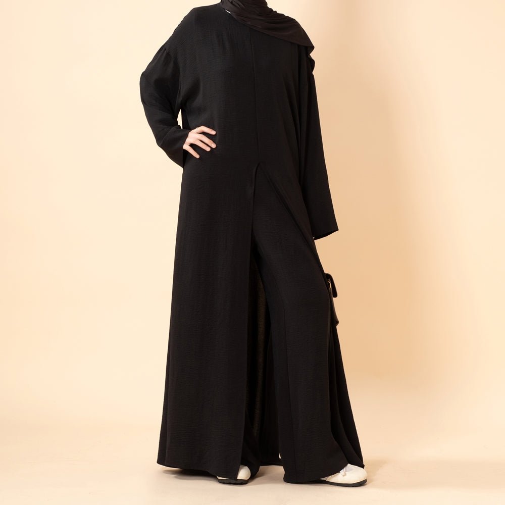 Crepe Multi-Slit Abaya Set | Wide-Leg Pants with Pockets (MA436) - Mariam's Collection