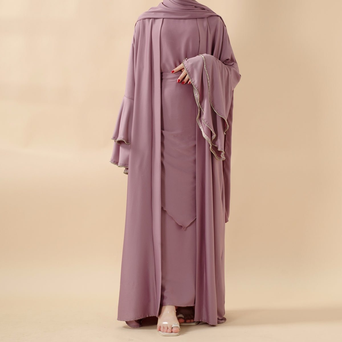 Crepe Satin Ruffle Sleeve Abaya, 5 - Piece Set (MOA033) - Mariam's Collection