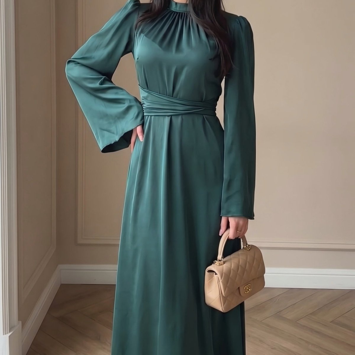 Cross-Wrap Ruched Neck Satin Maxi Dress(MS445) - Mariam's Collection