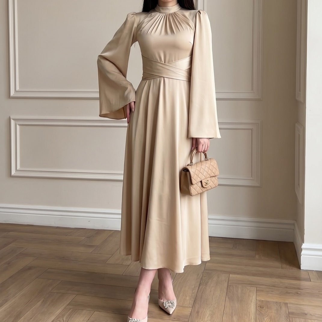 Cross-Wrap Ruched Neck Satin Maxi Dress(MS445), Champagne / XL