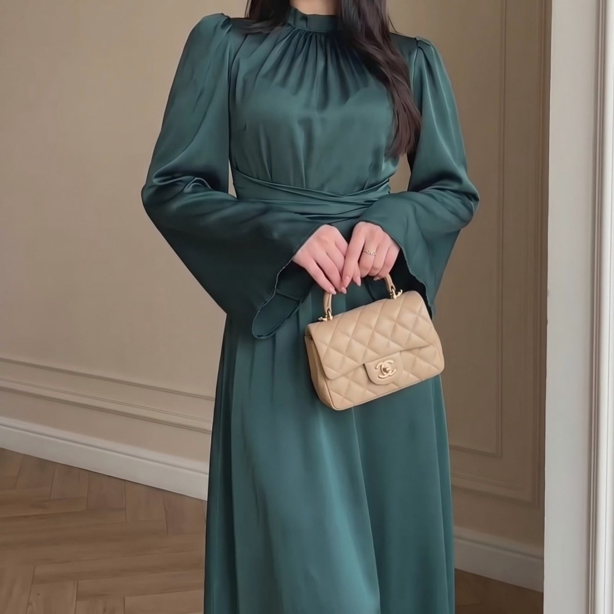 Cross-Wrap Ruched Neck Satin Maxi Dress(MS445) - Mariam's Collection
