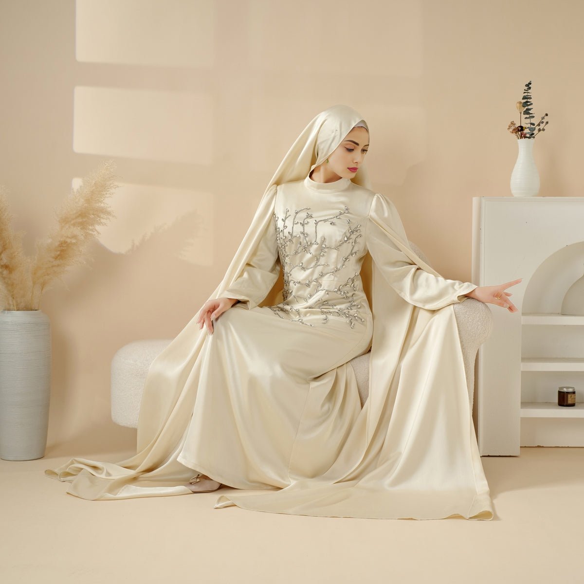 Crowdfunding Exclusive: Luxury Hand - Embellished Cape Abaya – Champagne Ivory (MA144) - Mariam's Collection