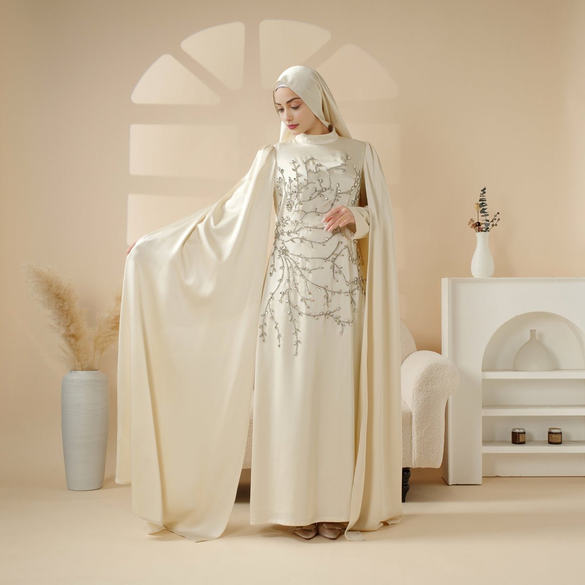 Crowdfunding Exclusive: Luxury Hand - Embellished Cape Abaya – Champagne Ivory (MA144) - Mariam's Collection