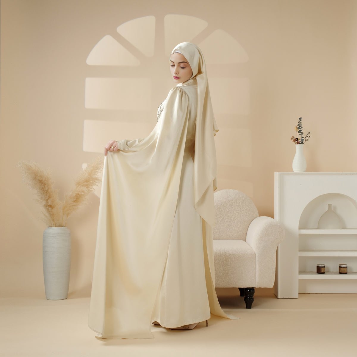 Crowdfunding Exclusive: Luxury Hand - Embellished Cape Abaya – Champagne Ivory (MA144) - Mariam's Collection