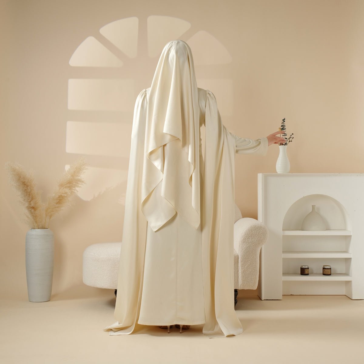 Crowdfunding Exclusive: Luxury Hand - Embellished Cape Abaya – Champagne Ivory (MA144) - Mariam's Collection