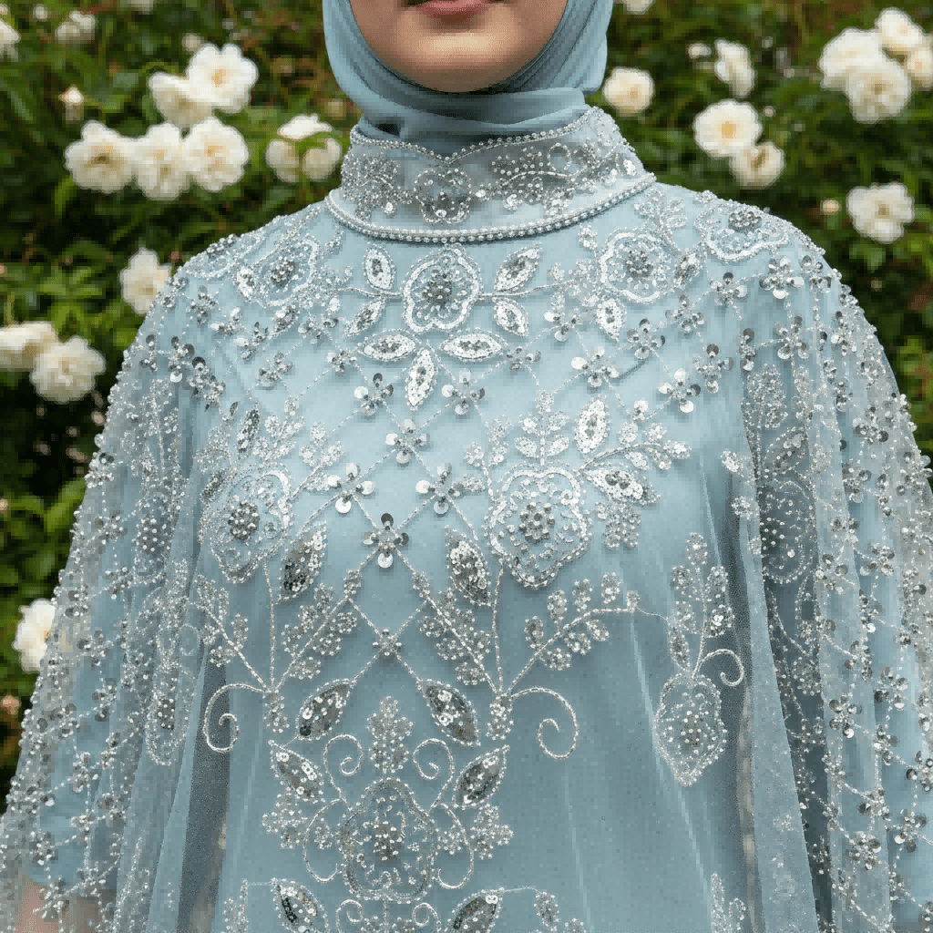 Crystal beaded tulle cape with densely encrusted rhinestone collar band