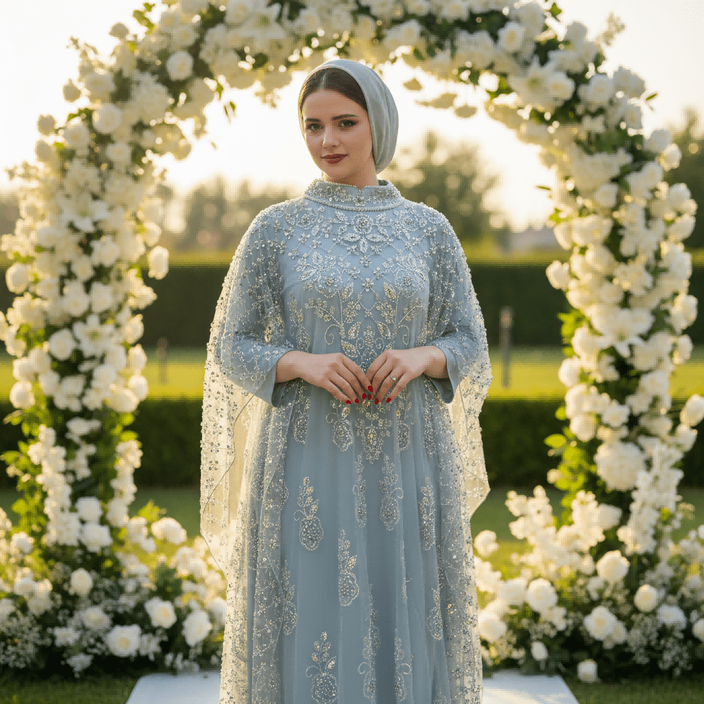 Luxury occasion abaya with structured mock collar and crystal beading
