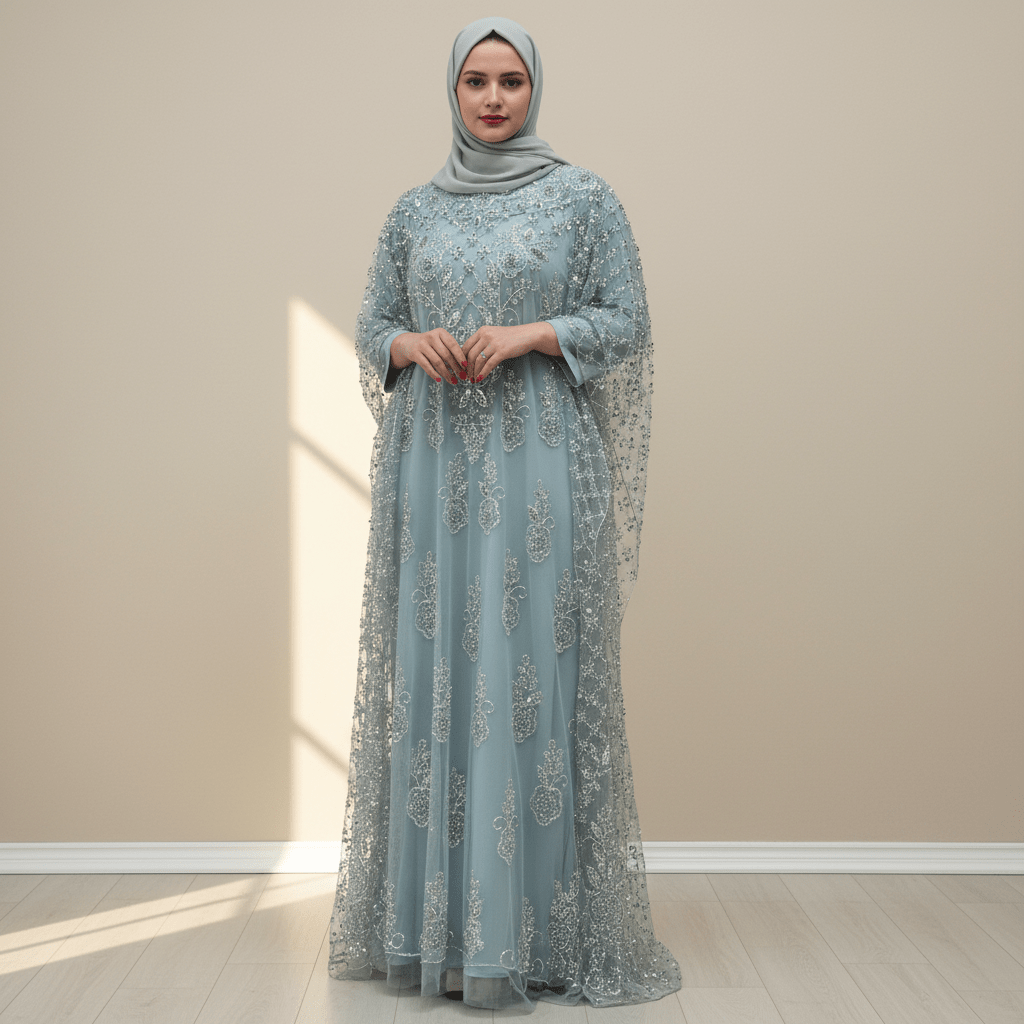 Crystal beaded cape abaya in blue with hand-embellished tulle detail