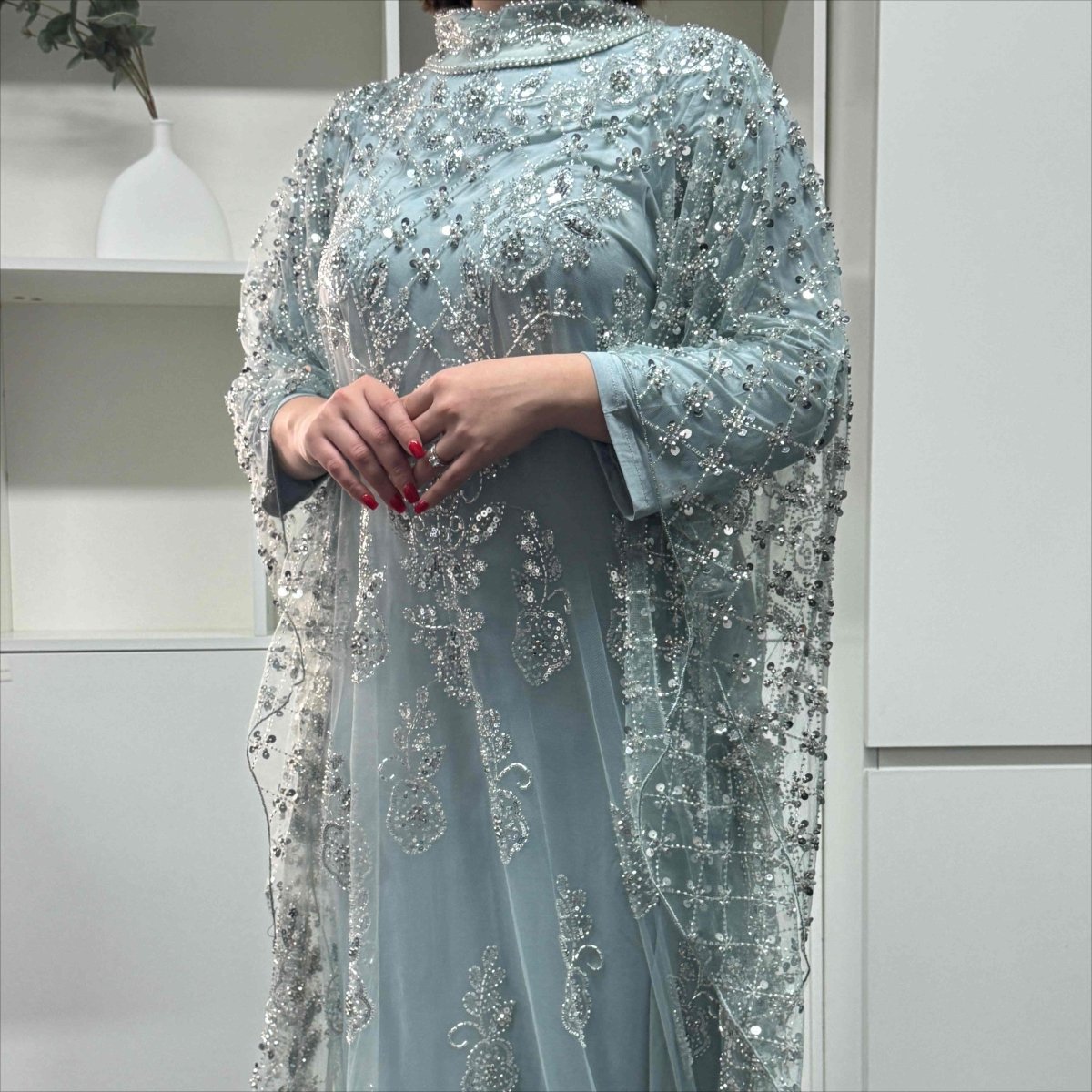 Blue crystal beaded cape with relaxed straight-cut modal inner dress