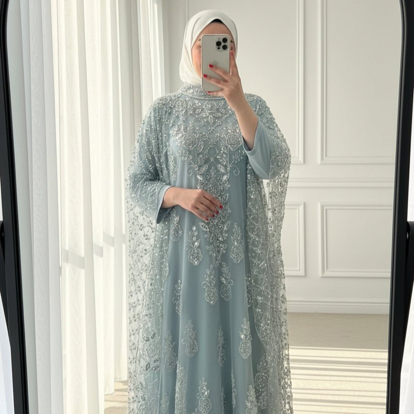 Crystal Beaded Cape Overlay Abaya Set — Luxury Two-Piece Occasion Abaya