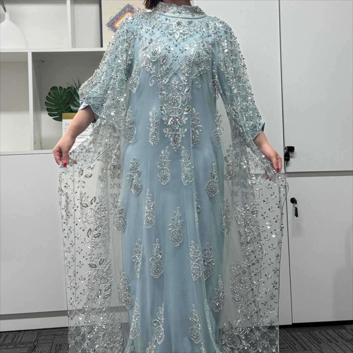 Luxury modest occasion abaya with structured rhinestone cape collar