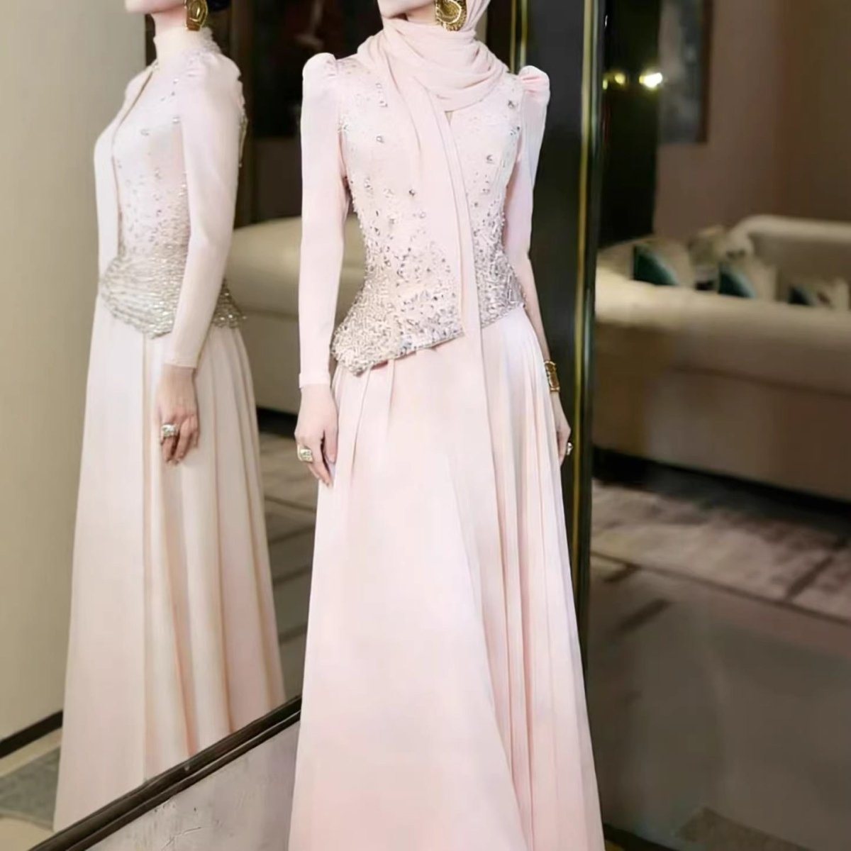 Crystal Beaded Modest Evening Gown(MS384) - Mariam's Collection