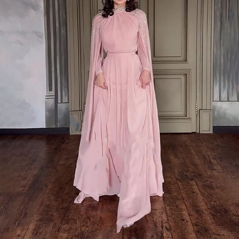 Crystal Cascade Cape Gown | Dramatic Embellished Evening Abay(MA345) - Mariam's Collection