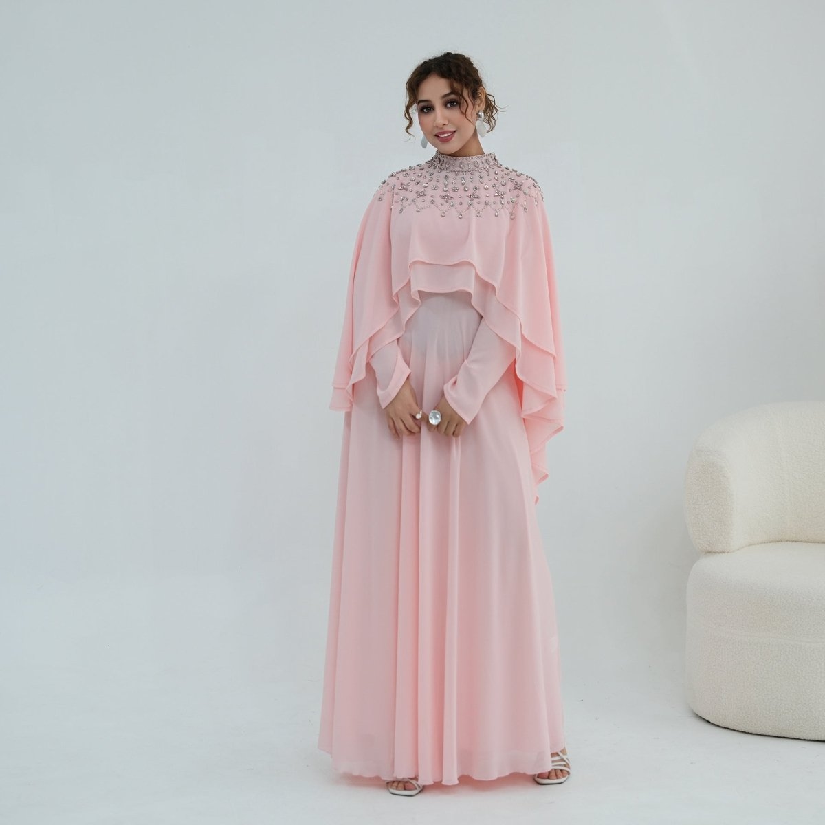 Crystal Cape Sleeve Chiffon Maxi Dress Set – Luxury Party Abaya