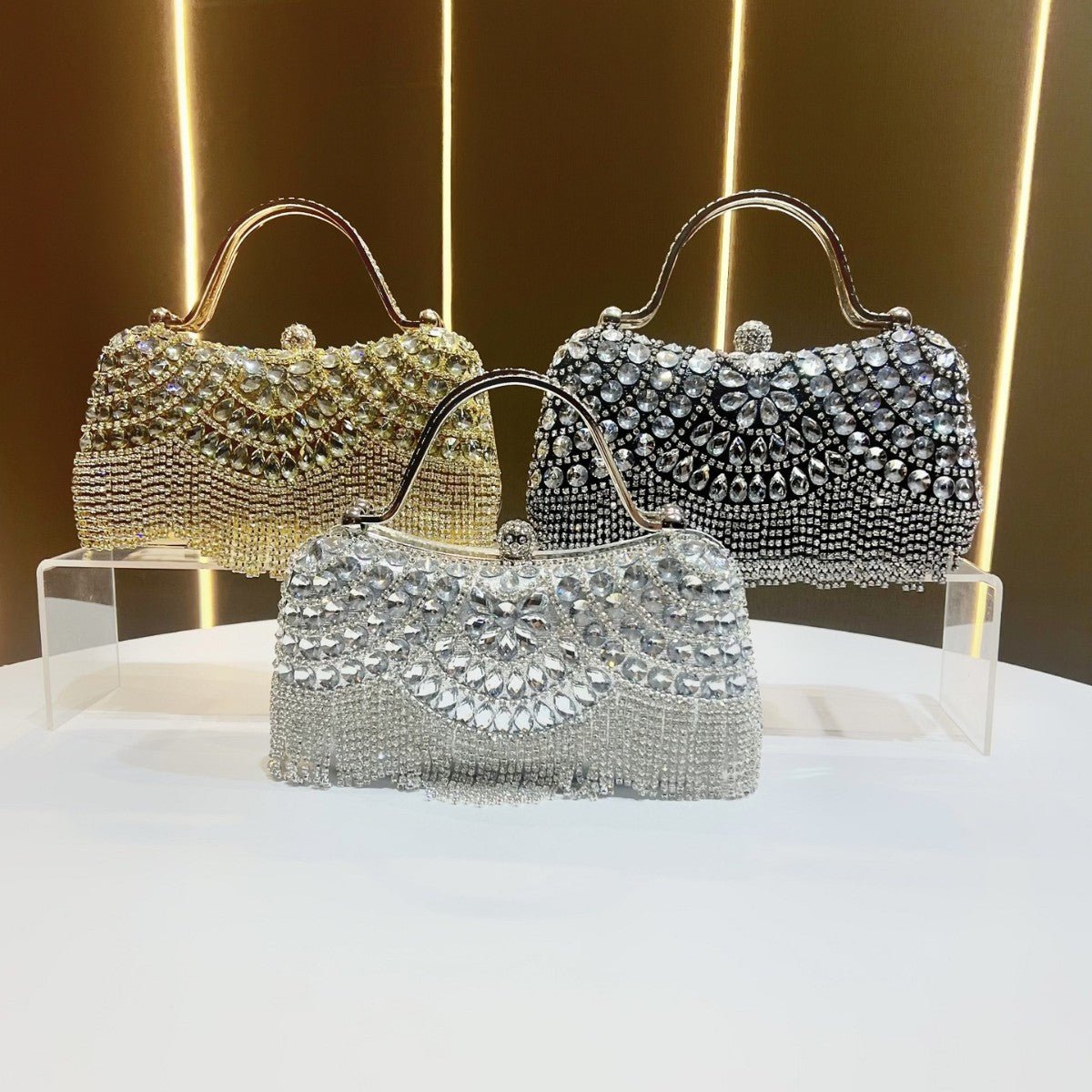 Crystal - Embellished Clutch Bag with Tassels – Versatile Evening Purse for Weddings & Galas (MAC276) - Mariam's Collection