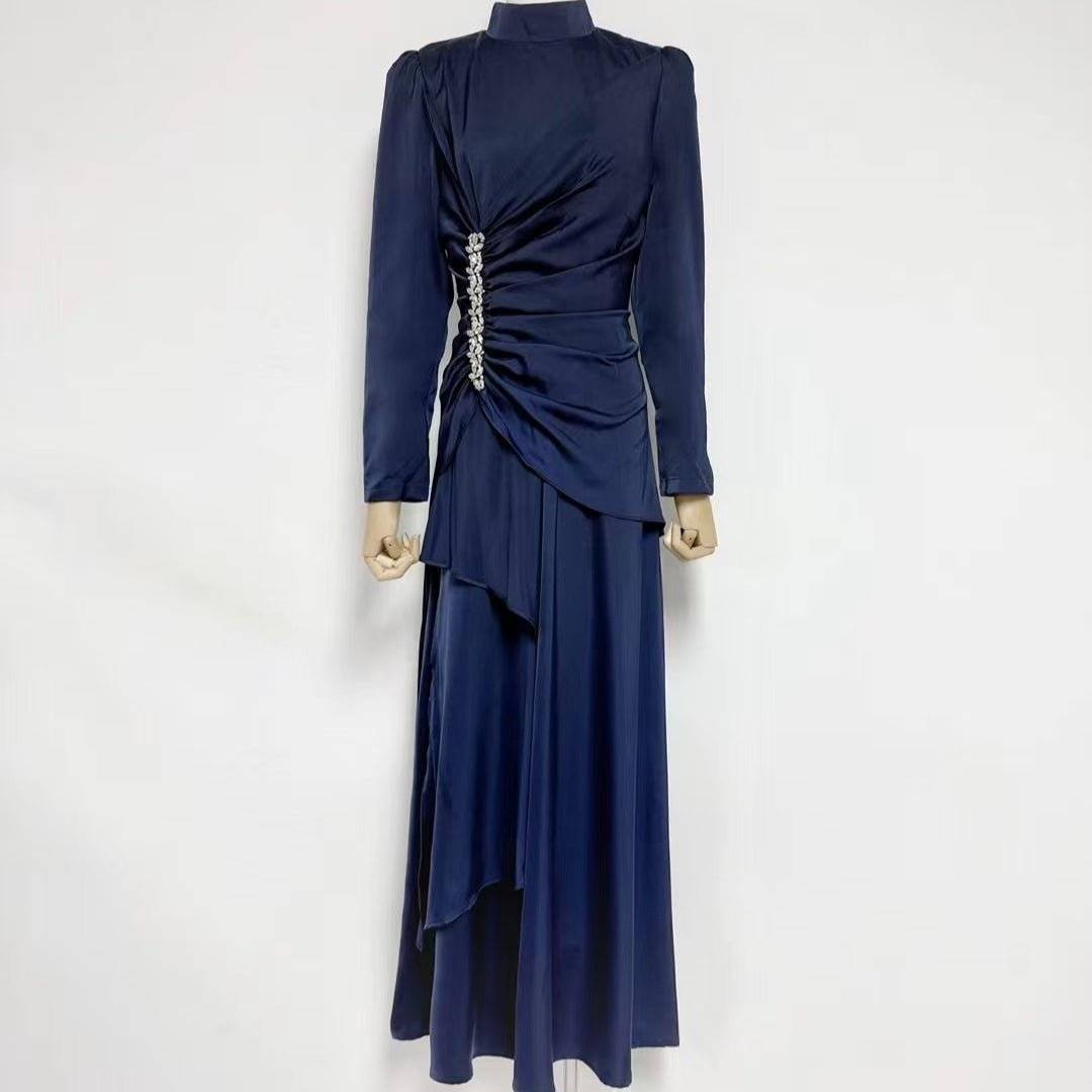 Modest satin maxi dress in navy blue with floor-length tiered skirt