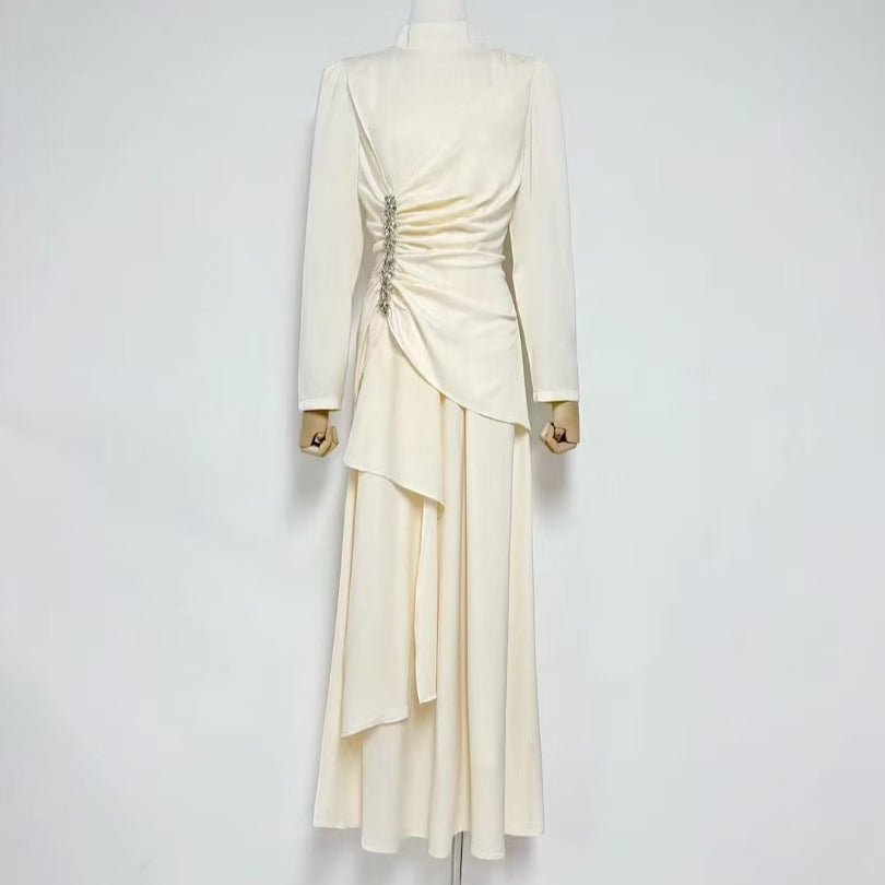 Modest formal dress with structured shoulders and high neckline