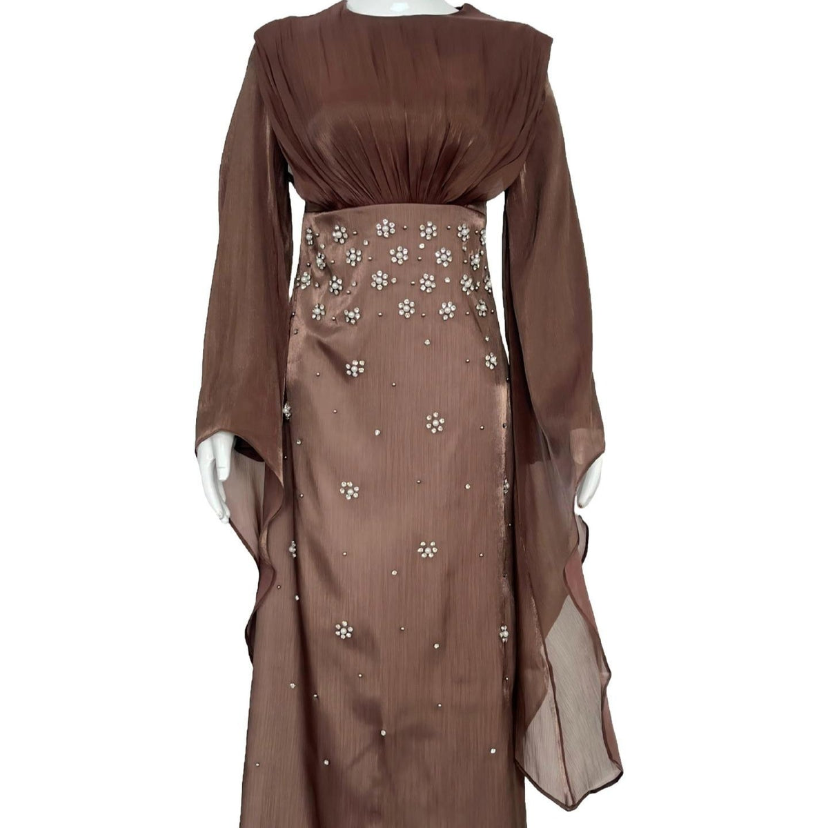 Crystal Embellished Shimmer Satin Maxi Dress(MS541) - Mariam's Collection